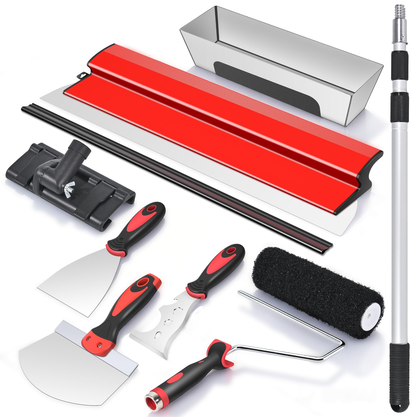 suokoun Drywall Skimming Tool Set, 60CM Smoothing Spatula, Mud Pan, 23CM Compound Roller, Extension Handle and Plastering Tools for Plasterboard Skim Coating and WallBoard