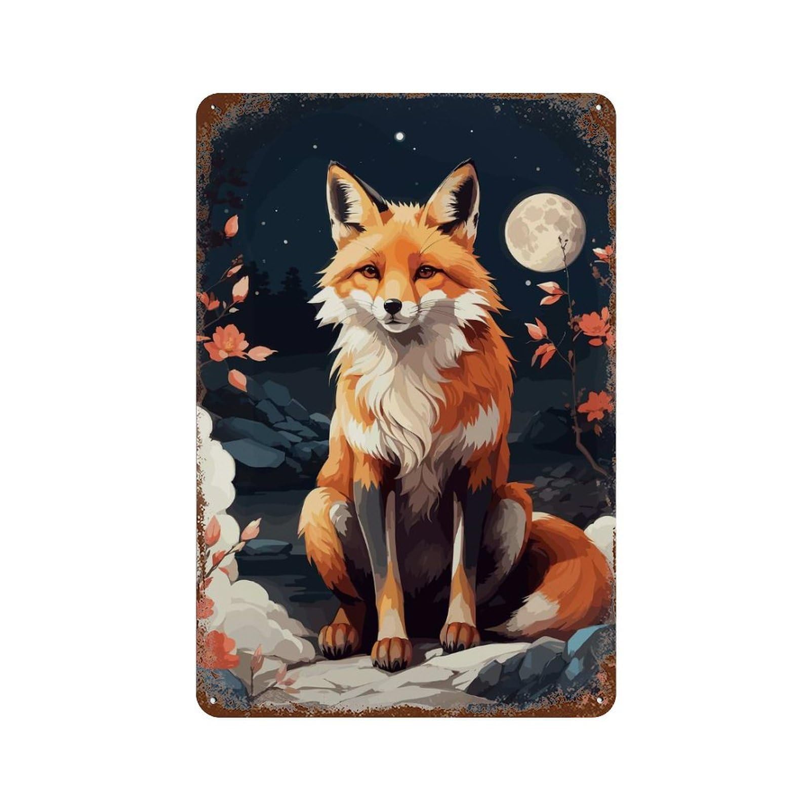 FOX AND FLOWER Rustic Tin Plaque 11.8"x7.9", for Pub, Kitchen And Man Cave Decor, Vintage Wall Decor