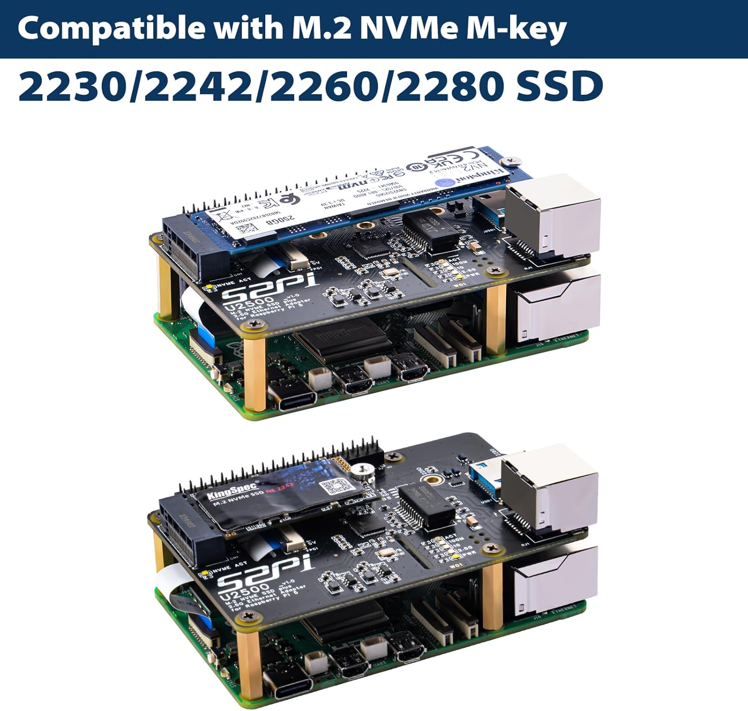 GeeekPi M.2 NVMe SSD Plus 2.5G Ethernet Adapter for Raspberry Pi 5, W01 U2500 Hat with NVMe SSD Expansion, USB 2.5G Network Port, GPIO Header, Support M.2 NVMe M-Key 2230/2242/2260/2280 SSD