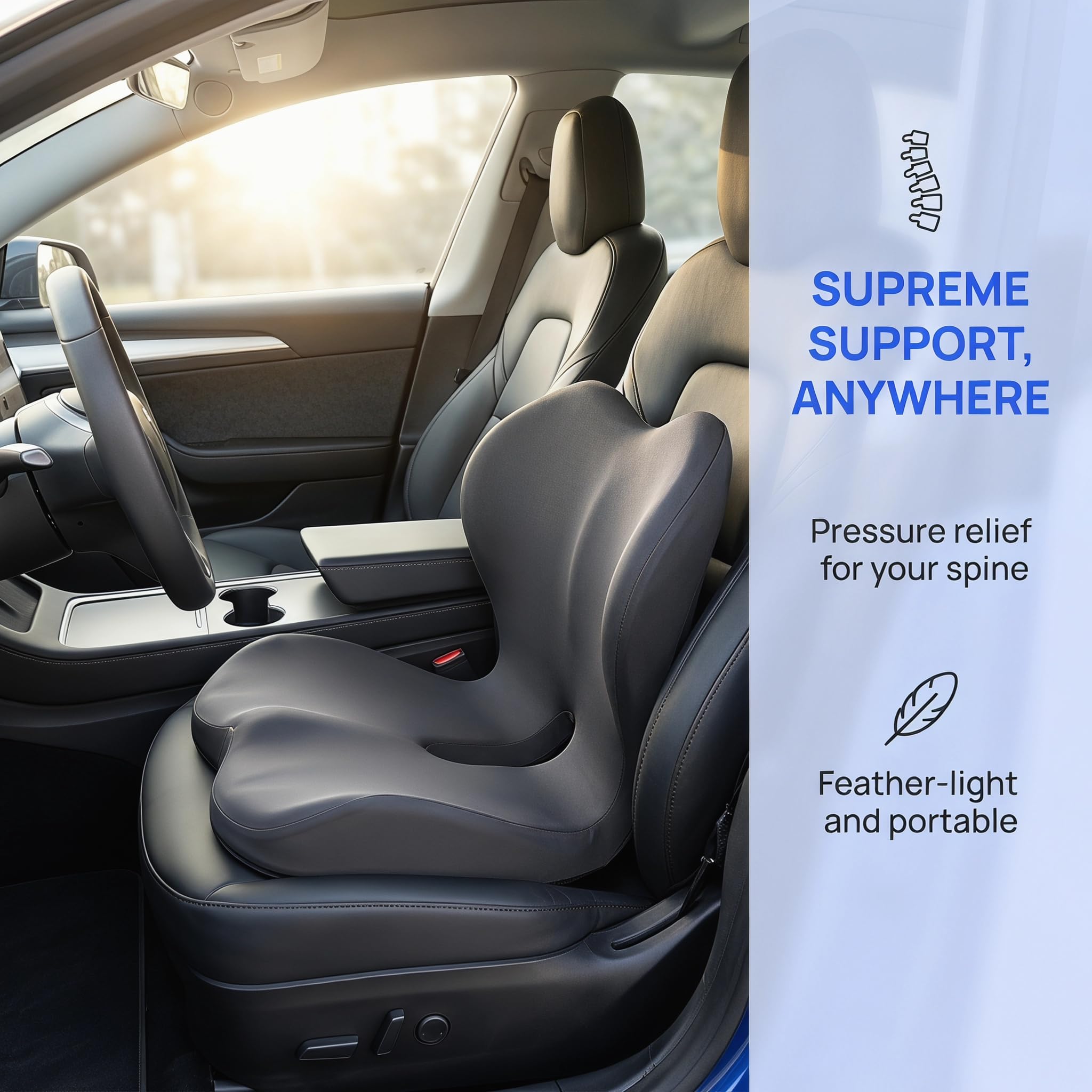 Esenlong Cuscino per schienale e seduta, cuscino integrato a forma di L, supporto lombare in memoria, design integrato per sedia da auto e ufficio, design ergonomico di protezione del coccige (grigio
