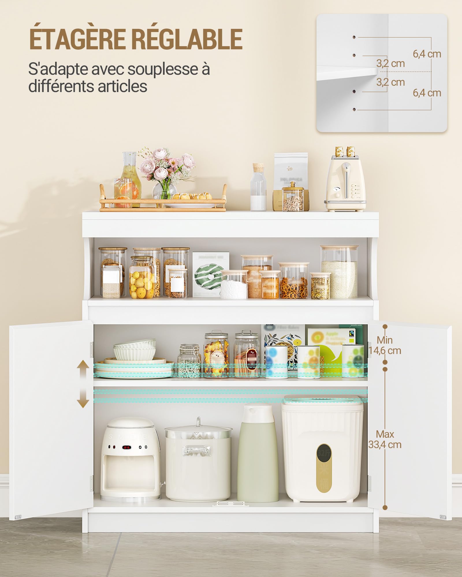 Hzuaneri Meuble Cuisine, Buffet à 2 Portes, Meuble de Rangement avec Espace Ouvert, Commode, Style Moderne, Étagères Réglables, Adapté à la Cuisine ou au Salon, 40 x 80 x 85 cm, Blanc SC80003X | Section de buffet ouverte, étagères réglables, armoire de ra