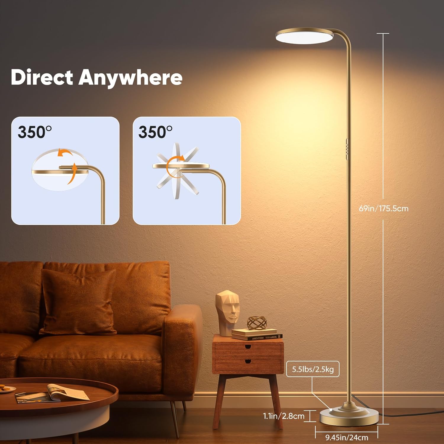 SIBRILLE 36W LED Floor Lamp, Super Bright Standing Lamp, Modern Stepless Dimmable Torchiere Tall Lamp with Remote Control, 350°Rotating Head Reading Floor Lamp for Living Room, Bedroom, Office
