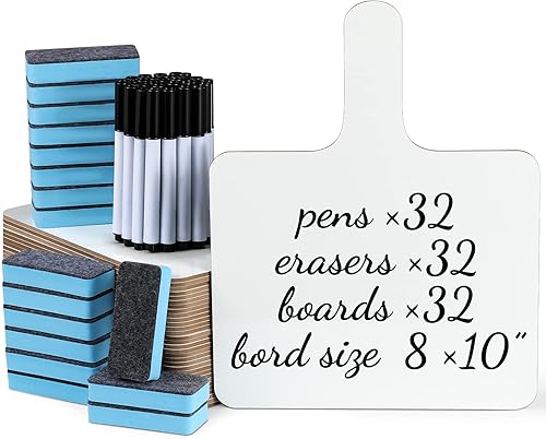 Miniatura 4 de Paquete de 32 paletas de borrado en seco, tablero de respuesta blanco, tablero de doble cara, juego de paletas de mano de plástico con bolígrafos de