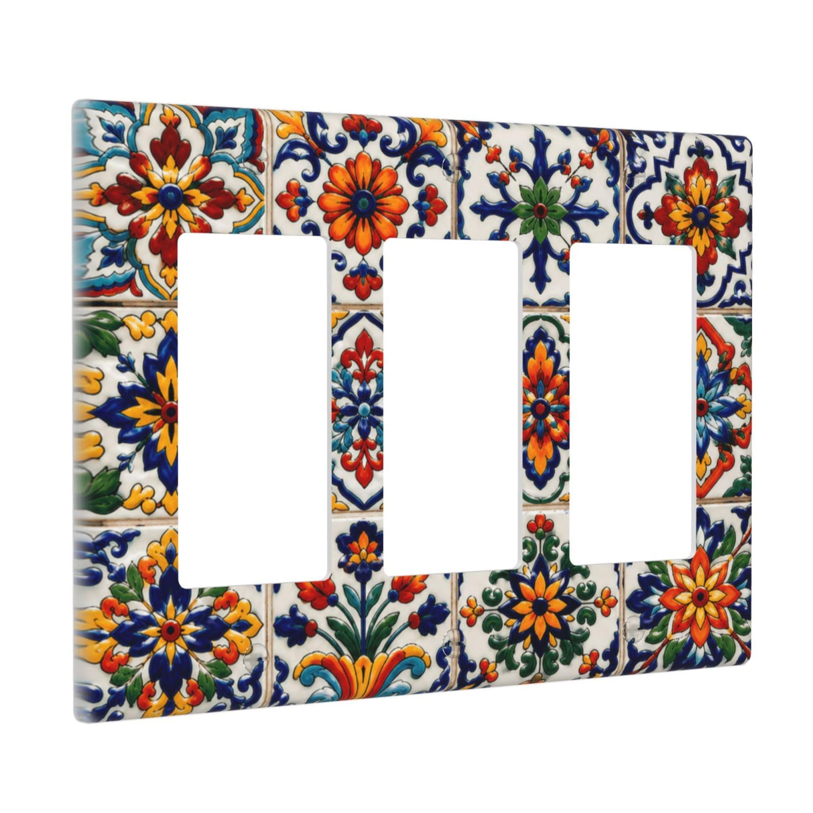 Thsanju Vintage Ceramic Talavera Outlet Covers Triple Rocker Light Switch Covers Decorative Colorful Floral Geometric 3 Gang Gfci Wall Plate Electrical Receptacle Switchplate Faceplate For Home Decor