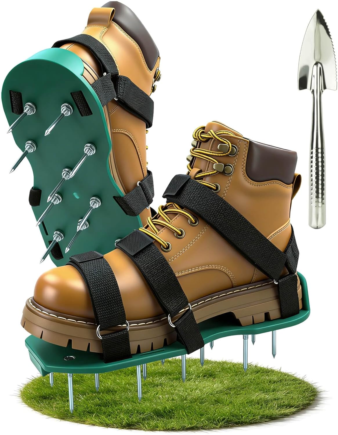 Lawn Aerator Shoes with Dual Straps on Instep for Effectively Aerating Lawn Soil, Aerator Lawn Tool One Size Fits All Pre-Assembled Heavy Duty Spiked Sandals for Patio Garden Grass Green