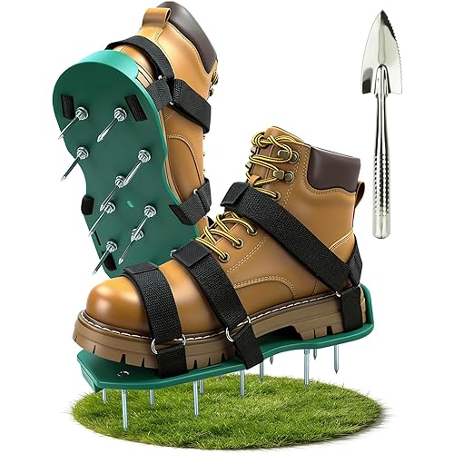 Lawn Aerator Shoes with Dual Straps on Instep for Effectively Aerating Lawn Soil, Aerator Lawn Tool One Size Fits All Pre-Assembled Heavy Duty Spiked Sandals for Patio Garden Grass Green