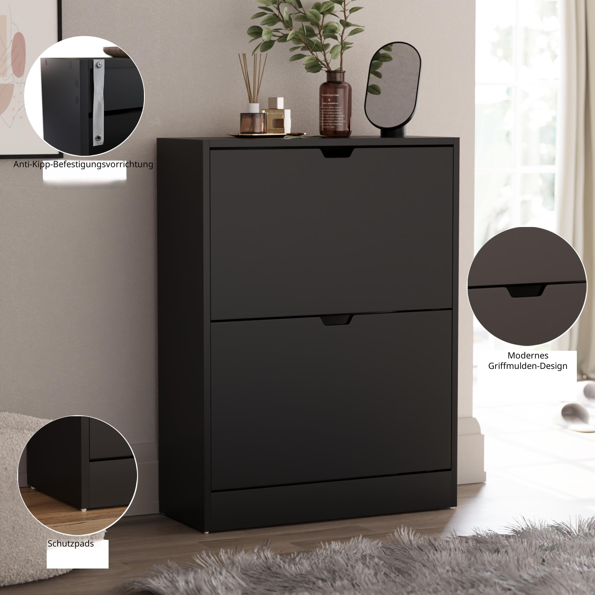 Vida Designs Schuhkipper mit 2 Klappen | 80 H x 60 B x 24 T cm | Schwarz | Platzsparender Schuhschrank für bis zu 10 Paar Schuhe | Kippschutz | Flurmöbel für Eingangsbereich