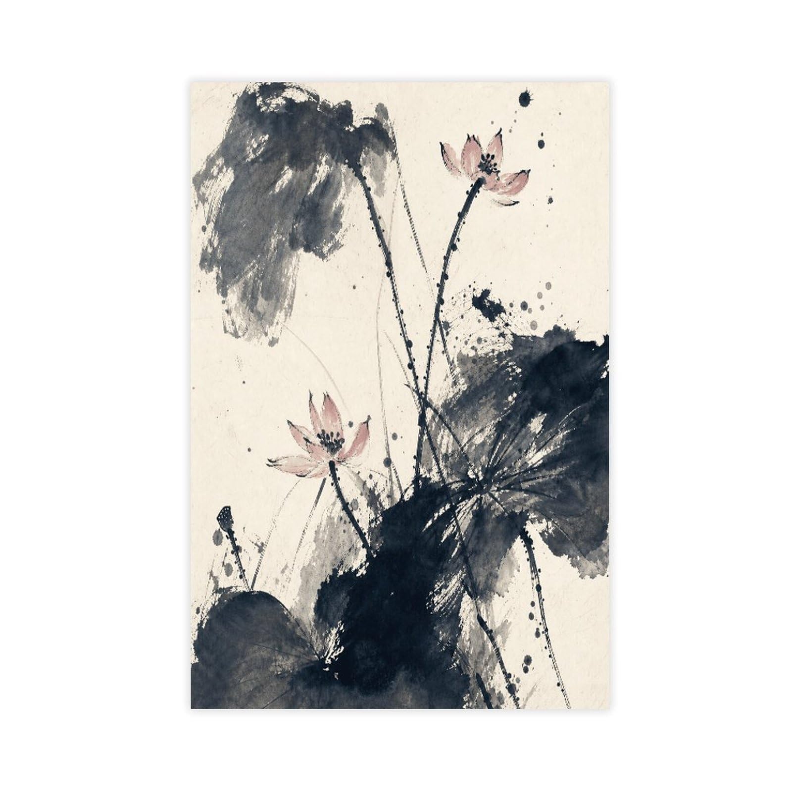 W7c8u2x3 Unframe-Style-3 Ink Lotus Mountains Canvas Wall Art, Gongbi Painting