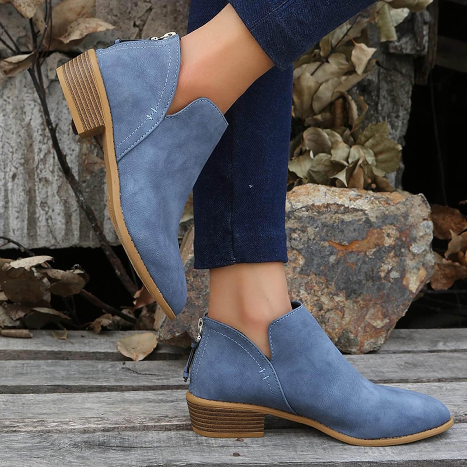 Stiefeletten Damen mit Niedriger Absatz Vintage Ankle Boots Chelsea Boots mit Reißverschluss Knöchelstiefel Lässige Damenstiefel Herbst Winter Stiefel