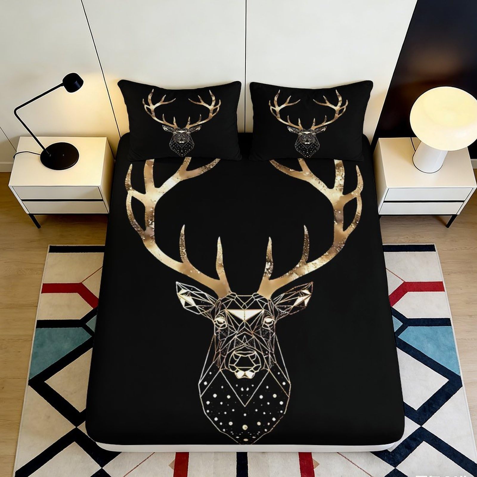 3D Printed Golden Deer Fitted Sheet Microfiber Soft Black Geometric Antler Mattress Cover for Bedroom Guest Room Decor 160x200x25cm