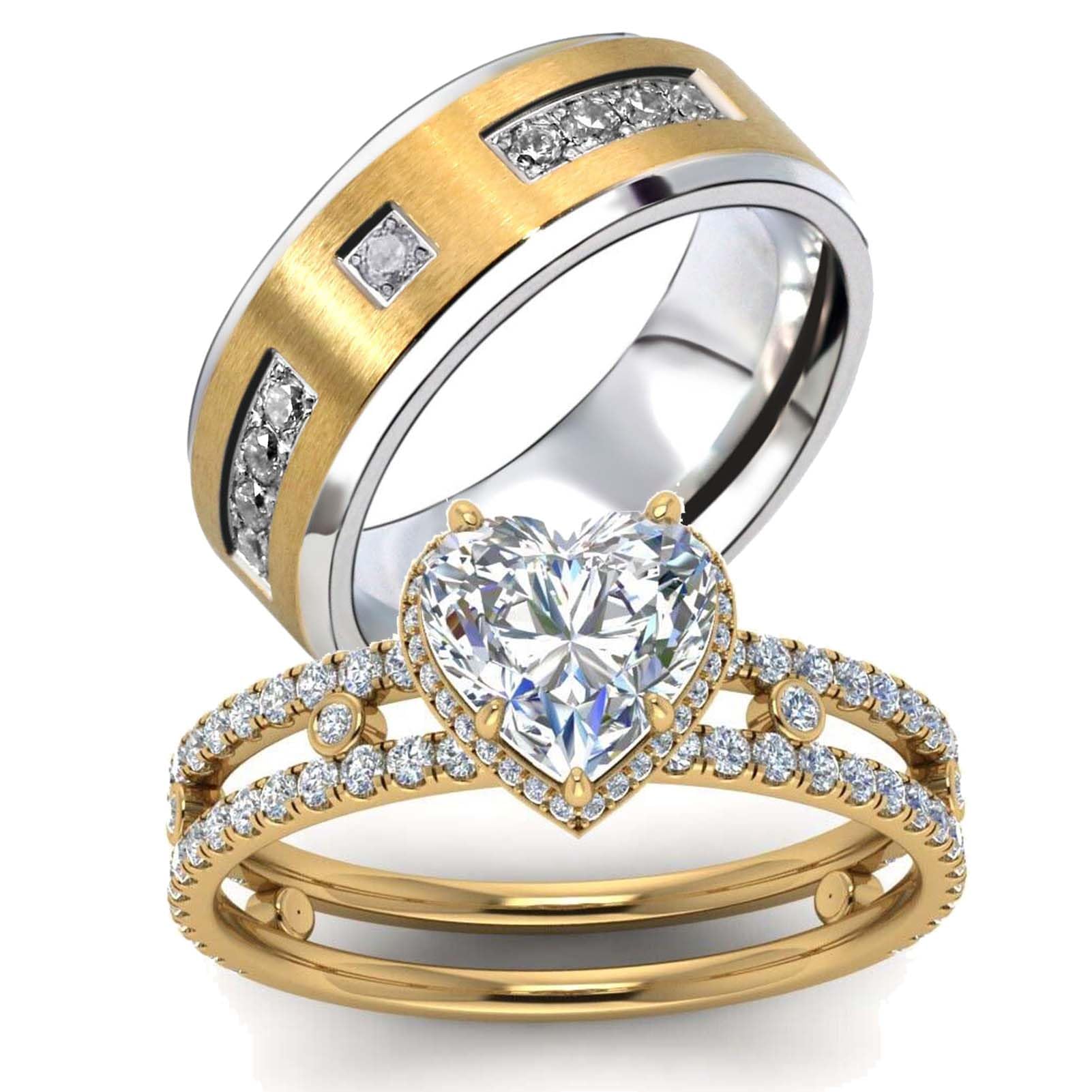 ringheart Couple Rings Matching Ring Heart 1.5ct CZ Yellow Gold Plated Women Wedding Ring Sets for Him and Her Rings