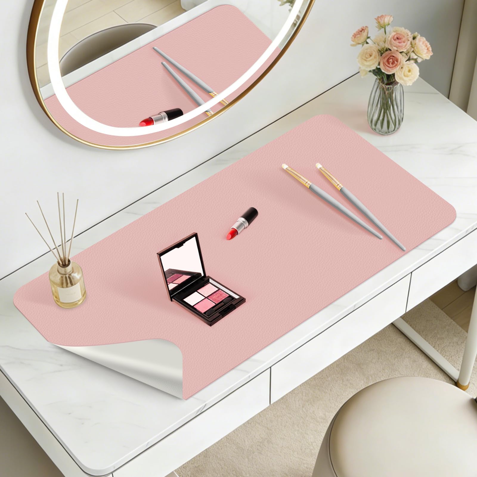 Schminktisch Unterlage, 50x30cm Make-up-Unterlage aus Leder für den Schminktisch, doppelseitig, wasser- und ölabweisend Schminktisch Zubehör (Rosa und Silber)