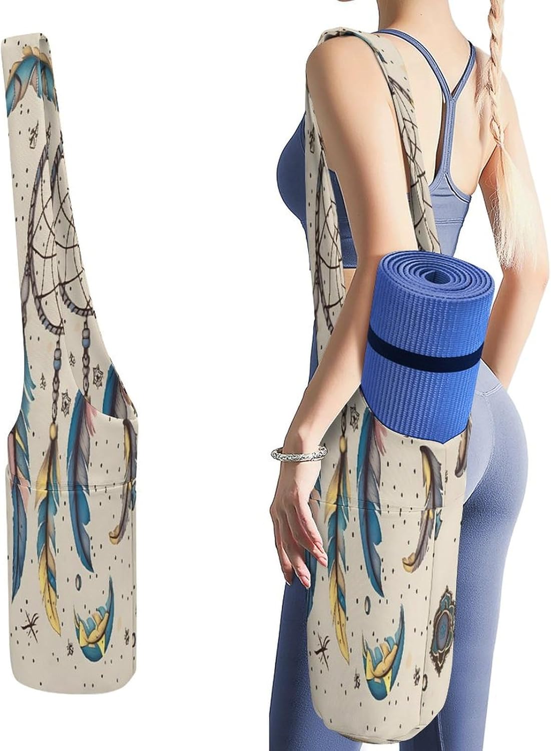 Dream Catcher And Moon Yoga Mat Bag Canvas Long Tote Yoga Mat with Water Bottle Pockets Large Travel Gym Bag Multi-Functional Fitness Storage Bag Carrier Holder Bag