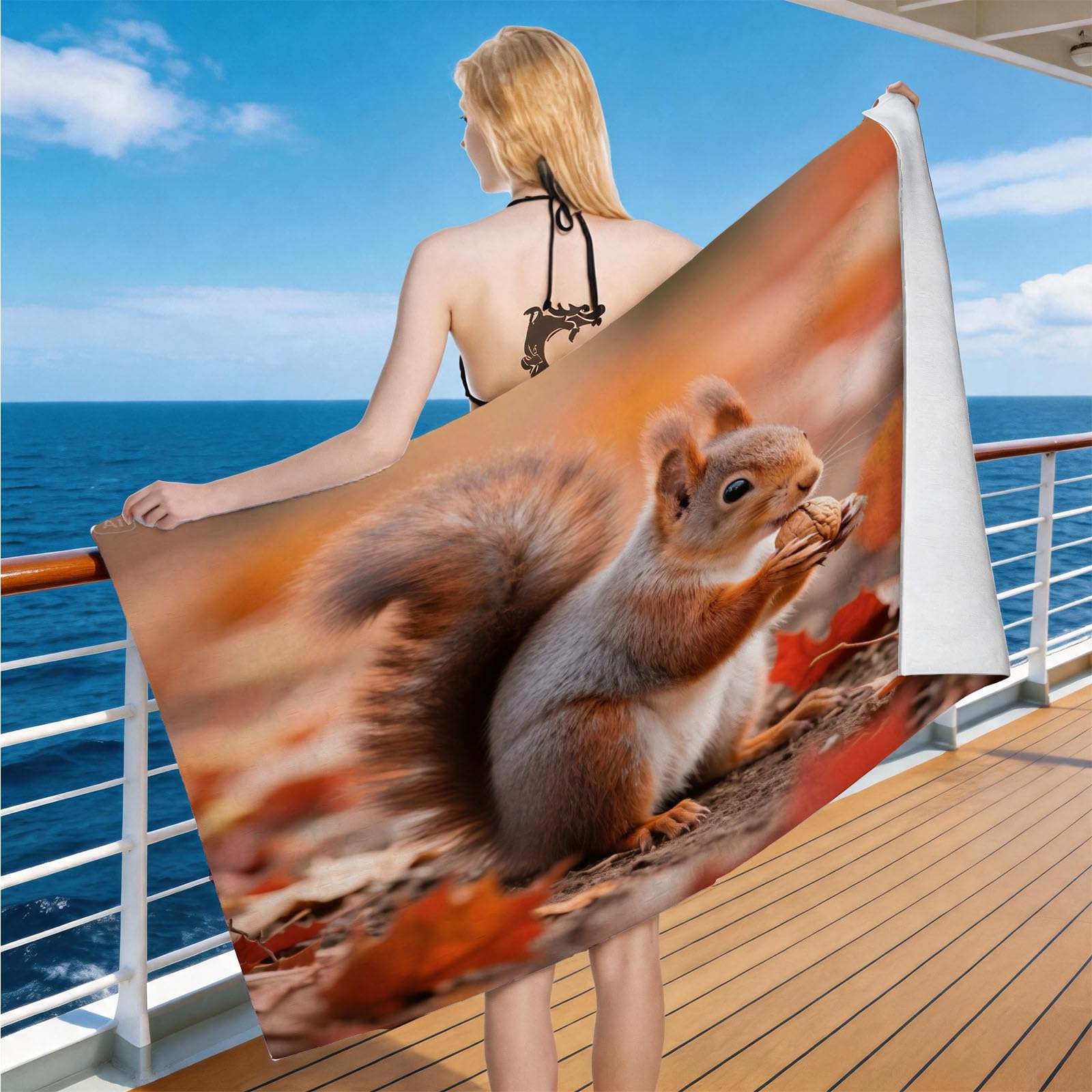 Hongduo Microfiber Quick Dry Beach Towel Squirrel, 3D Autumn Forest Beach Towels Absorbent Fast Drying Bath Towels, Travel Camping Gym Swimming Bathroom (90x180cm)