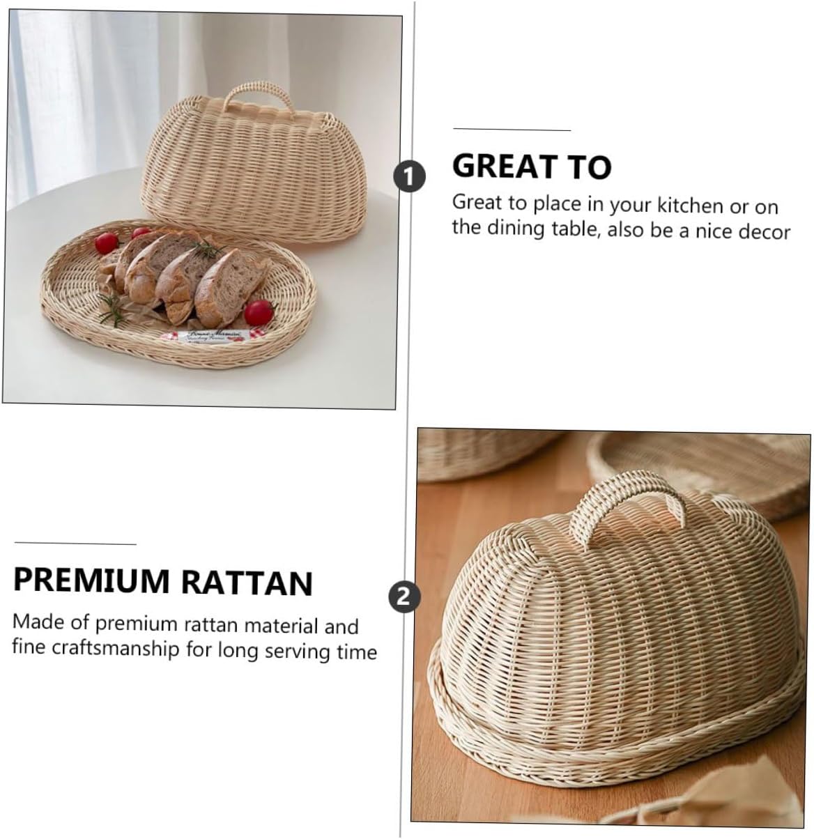 TIDTALEO Rattan Food Cover and Bread Storage Basket, Hand-woven White Rattan Protective Tray for Kitchen and Dining, Fruit Cover Dome for Food Storage, 1pcs Set
