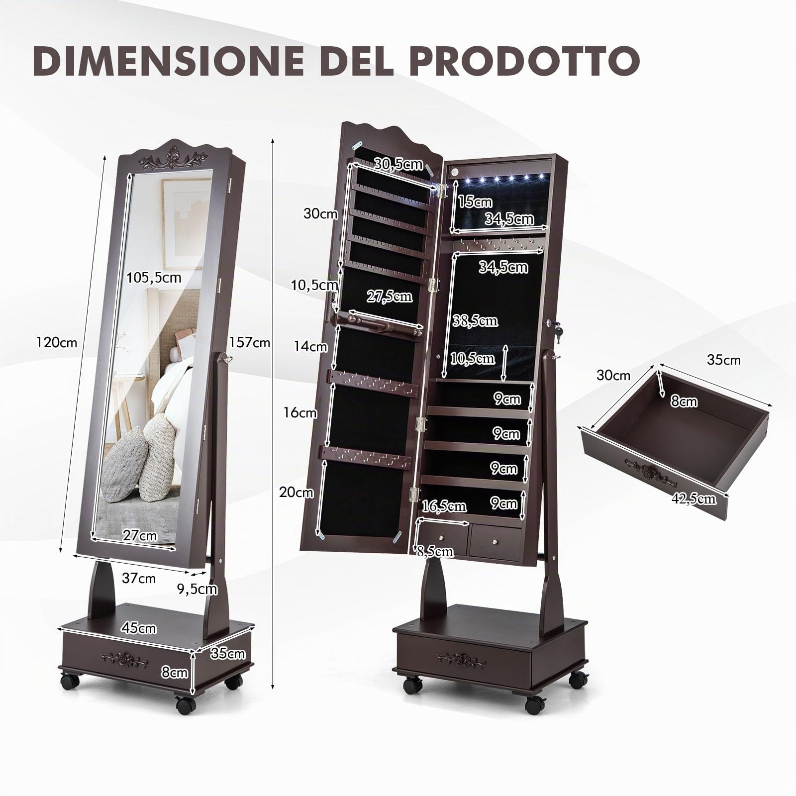 GYMAX Armadio Portagioie con Specchio Inclinazione Regolabile, Con Cassetto, Luci a LED e 4 Ruote, Design Moderno per Soggiorno, Camera da Letto (Marrone)