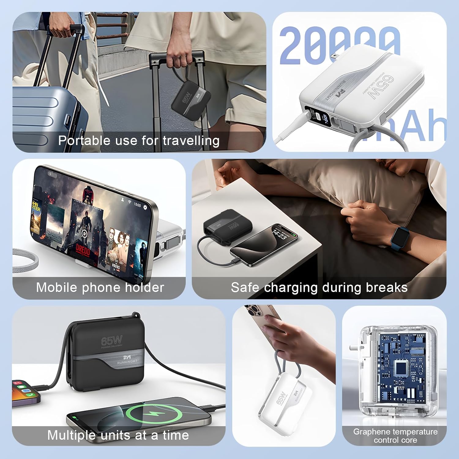 2-in-1 Retractable 65W Battery Pack Charger Portable – 20000mAh Fast Charger – Portable Charger Power Bank for iPhone, Android & More for Home & Travel - Power Bank Fast Charging with Built-in Cables