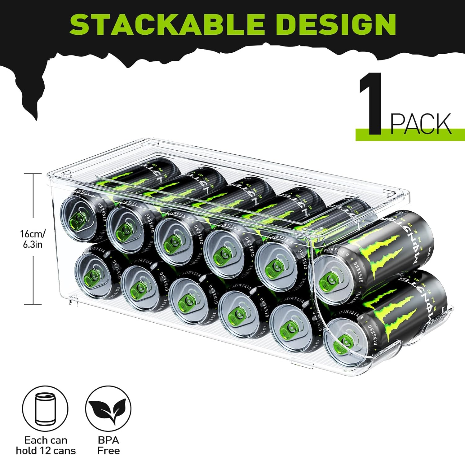 Soda Can Organizer for Refrigerator for Tall Cans of 16oz & 17oz, Stackable Beverage Cans Container Holder Dispenser with Lid for Fridge Pantry Rack Freezer (One Pack) - Image 2
