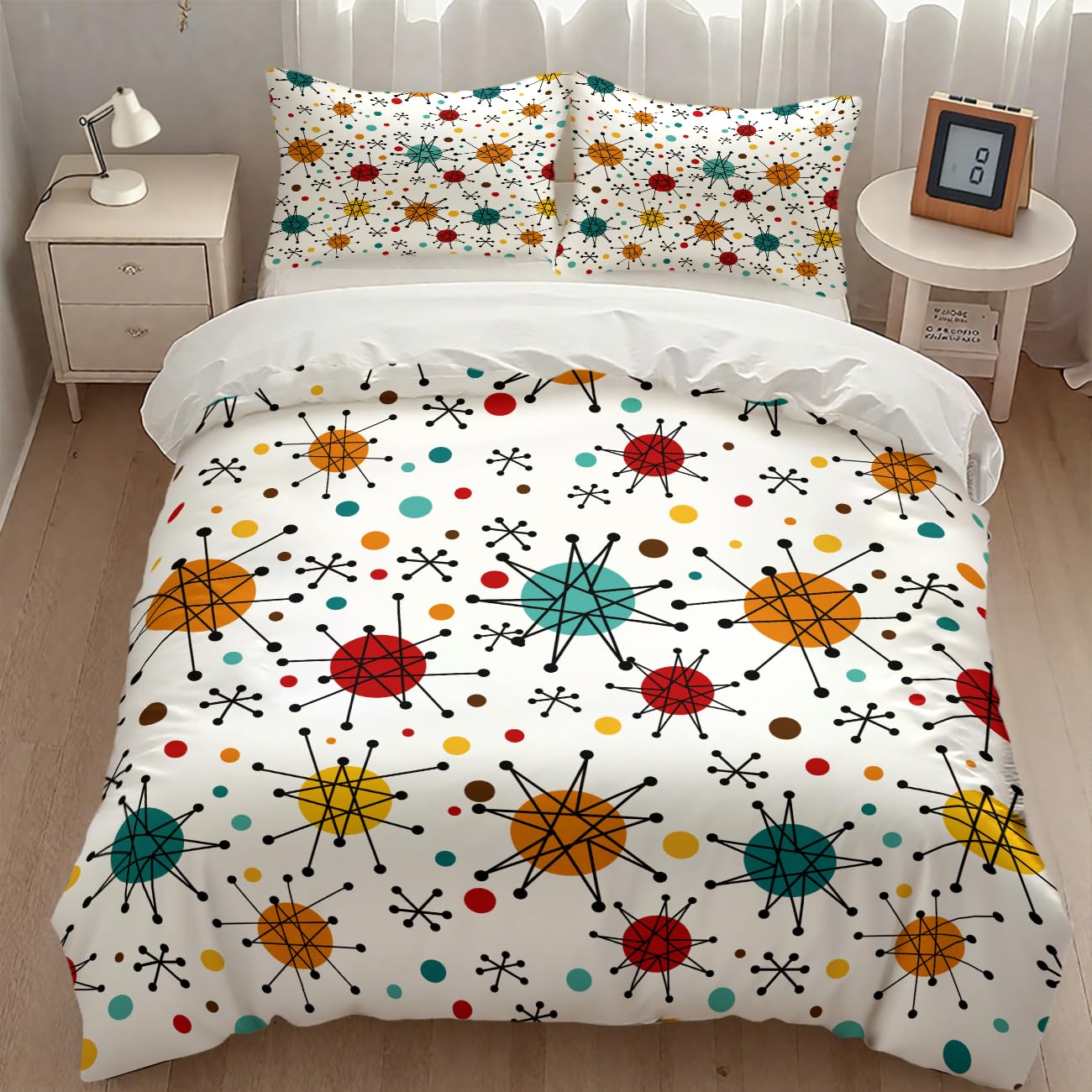 Mid Century Bedding Set,Modern Geometric Atomic Abstract Iconic Pattern 1950s 1960s Retro Style Comforter Set with Pillowcase for Bedroom Bed Decor,King 102"x90"