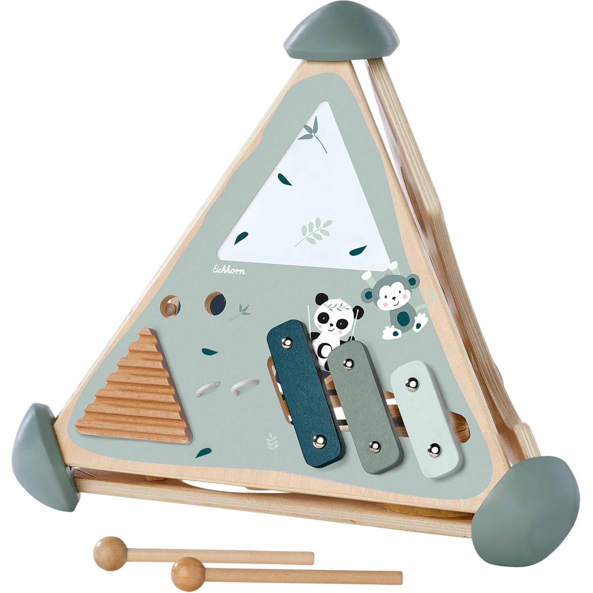 Eichhorn 100003812, Spielcenter Pyramide mit Kugelbahn, Musikfunktion und Steck, sowie Memospiel, 16-TLG., 33x33x38 cm, fördert Feinmotorik und Koordination, aus Birkenholz, ab 1 Jahr