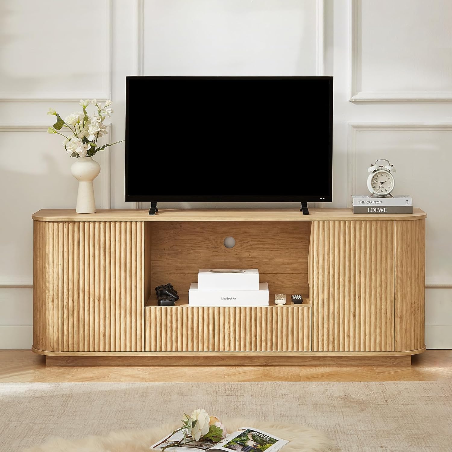 64" Fluted TV Stand with 4 Doors, Modern Press-to-Open Media Console, Curved Sideboard Cabinet with Adjustable Shelf for Living Room,Kitchen,Entryway (64" W x 15" D x 24" H)