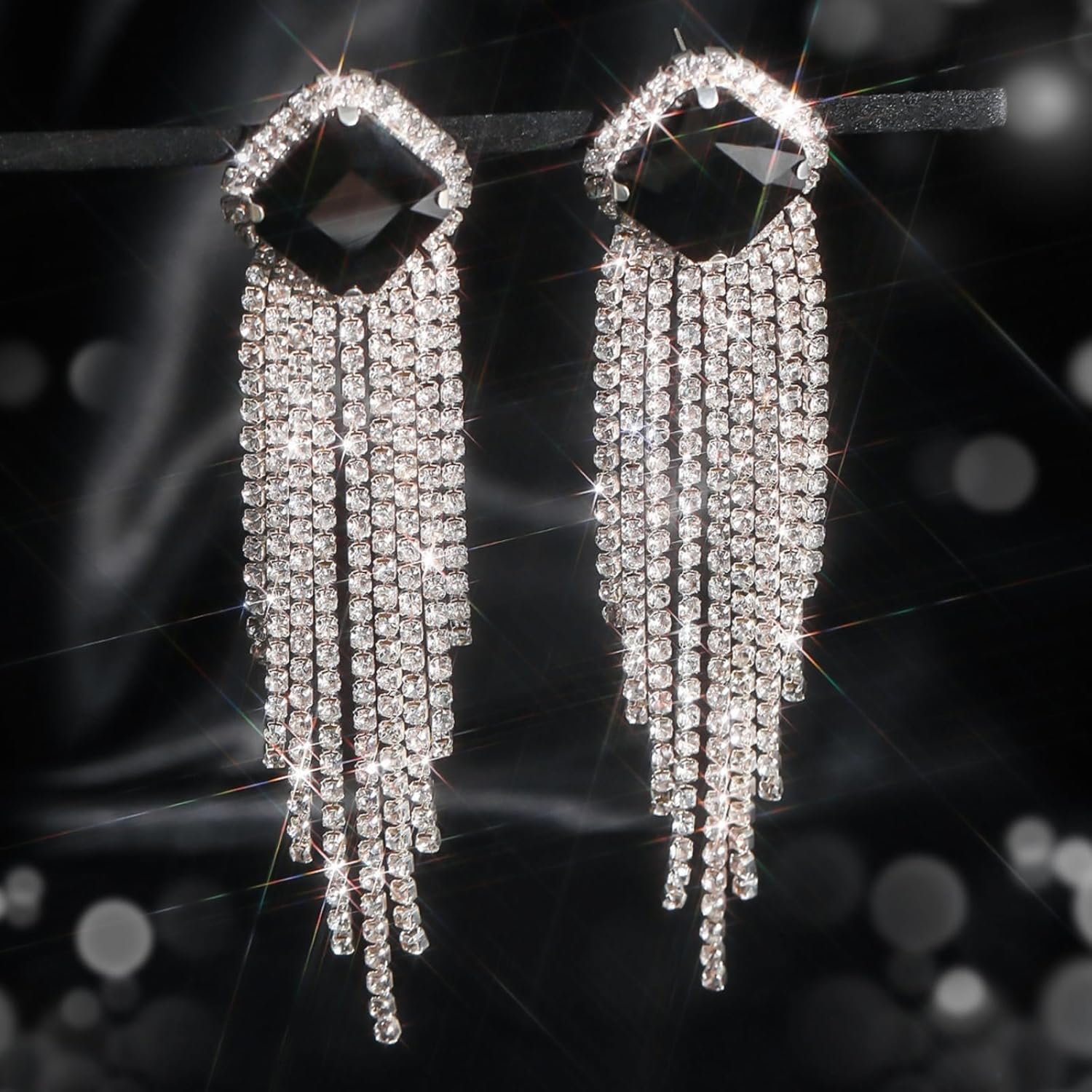 Sparkling Rhinestone Earrings Exaggerate Long Tassel Drop Earring Statement Colourful Gemstone Geometric Earrings Wedding Party Fashion Jewelry for Women - Image 3