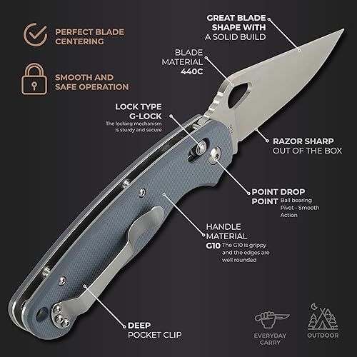 Miniatura 3 de Ganzo G729-GY - Cuchillo de bolsillo plegable, hoja de acero inoxidable 440C, mango ergonómico G10 antideslizante con clip, caza, pesca, campamento,