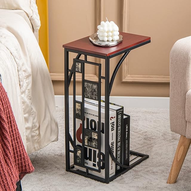 CASART Sofa Side Table, C-Shaped Coffee Snack Table Laptop Stand with Foot Pads, Over Bed End Table for Living Room, Bedroom and Office(31 x 21 x 53cm with Marble Texture)
