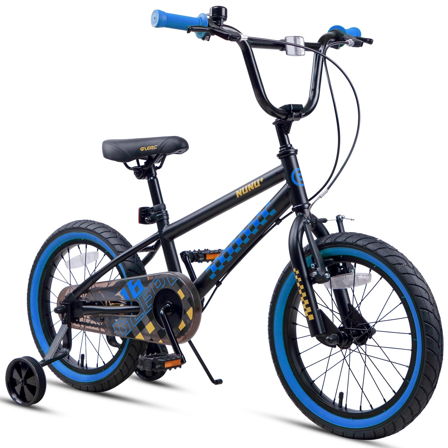 Glerc NuNu 18 Inch Kids Boys Bike BMX Style for 5 6 7 8 9 Years Old, Children Bicycles with Dual Handbrakes, Stabilisers & Kickstand & Adjustable Handlebar/Saddle, Black and Blue