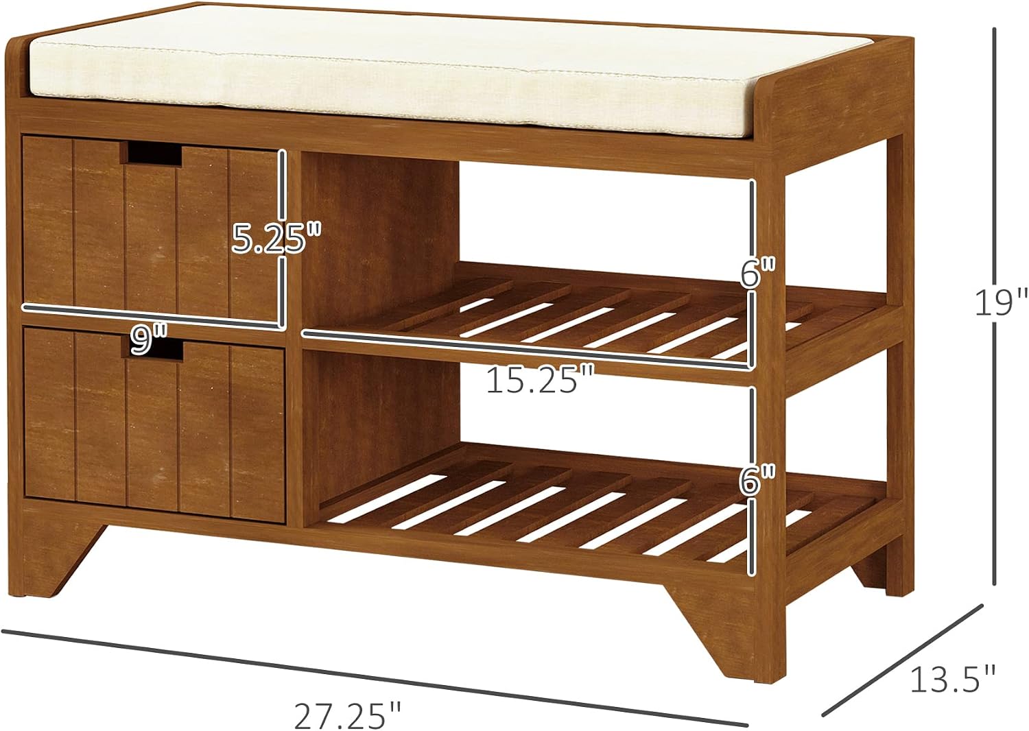 HOMCOM Compact Rustic Padded Wooden Shoe Rack Bench Organizer with Drawers - Coffee Woodgrain
