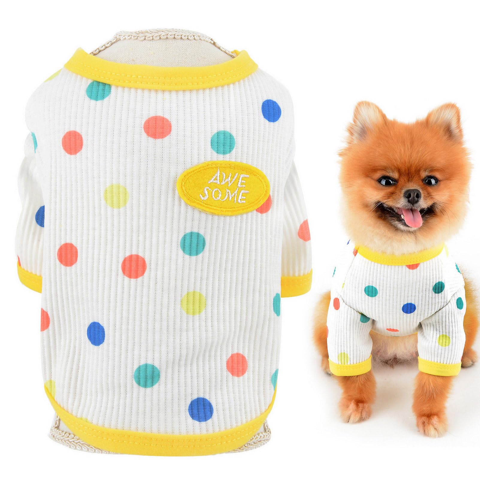 SMALLLEE_LUCKY_STORE Cute Rainbow Polka Dot Knit Sweatshirt for Small Dog Soft Stretch Puppy Pullover Jumper Pet T-shirt Winter Fall Cat Costume Chihuahua Yorkie Clothes,White,L