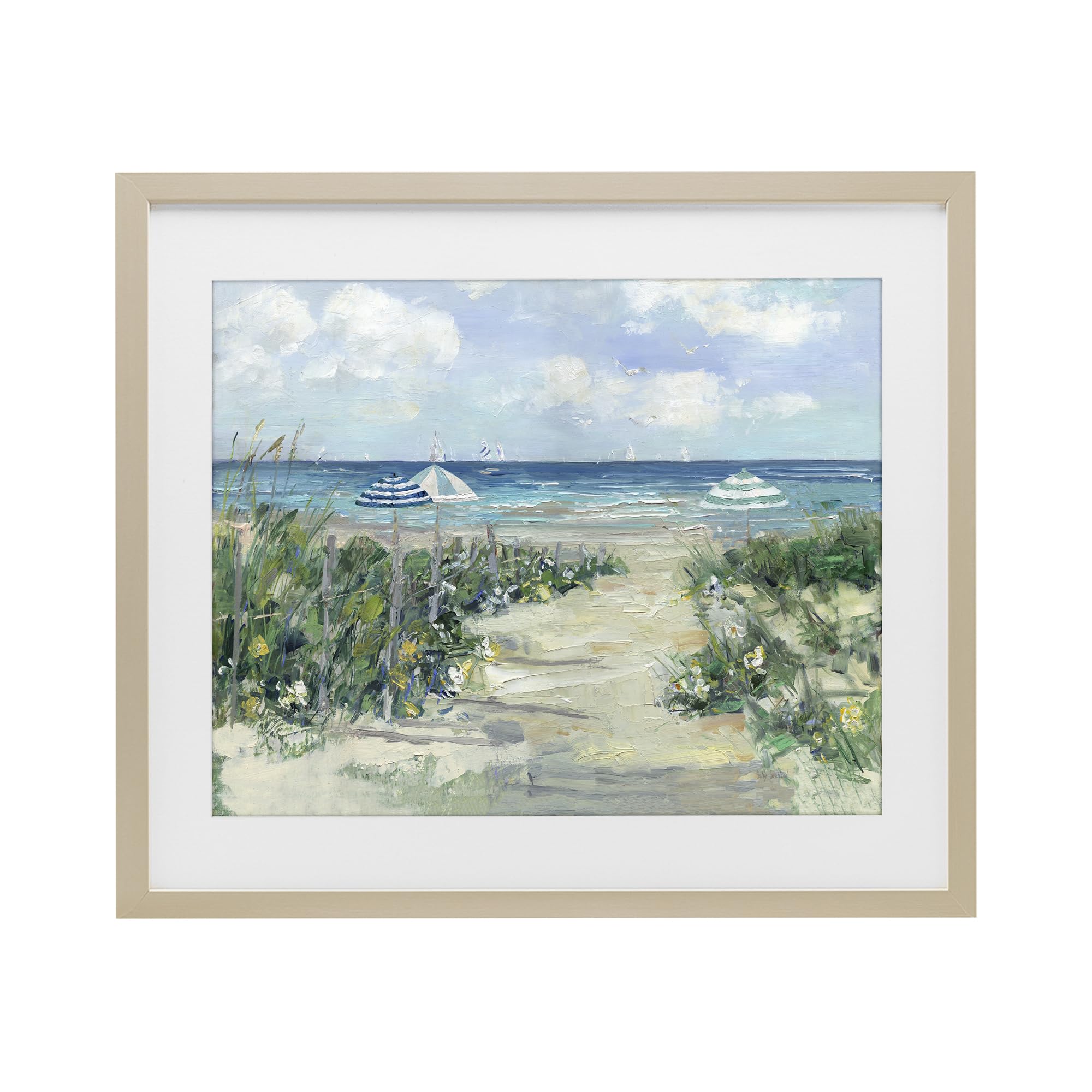 Stupell Industries Harvest Pine (Textured) Seaside Path Striped Umbrellas, 17 X 21 Inch Framed Print Under Glass