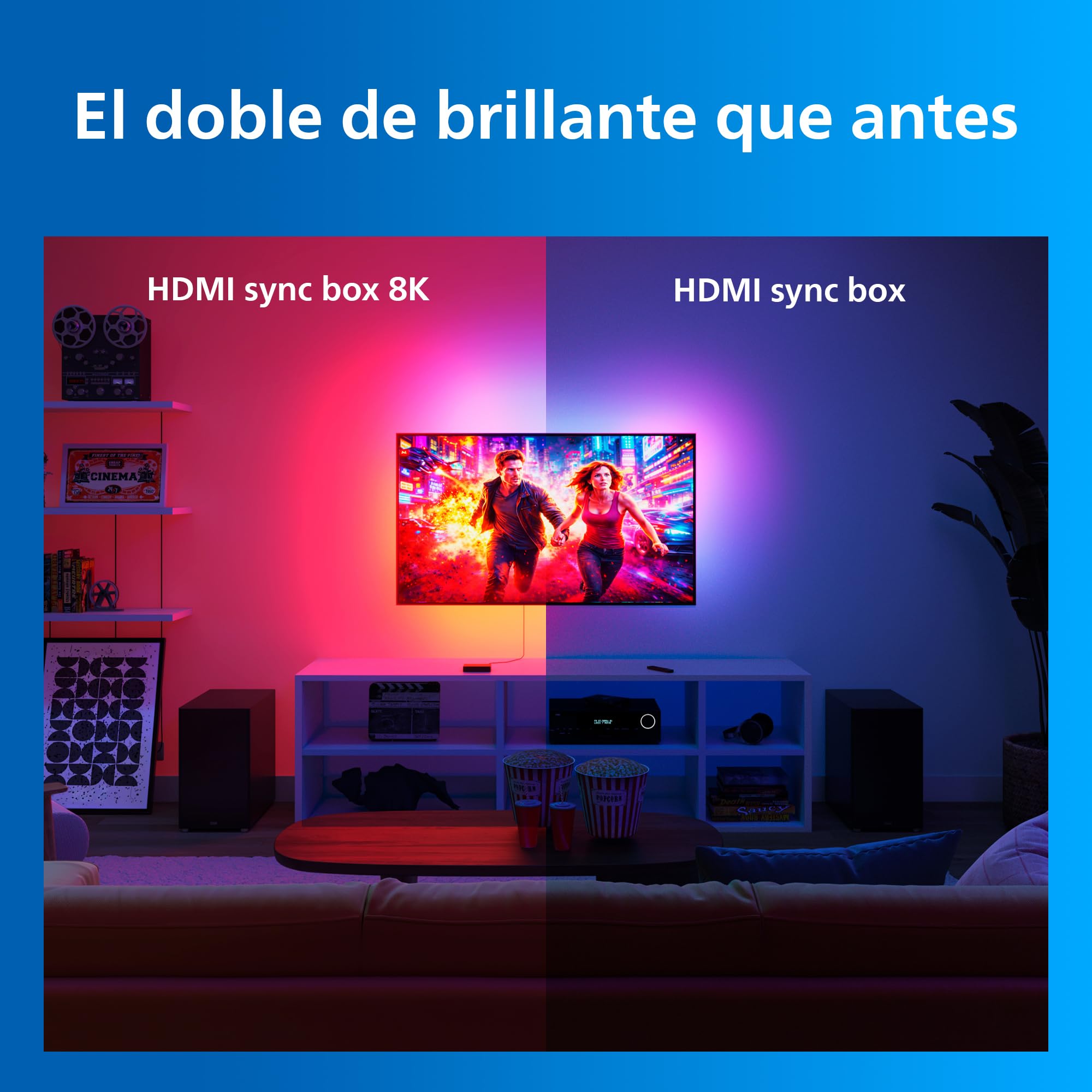 Philips Smart Lighting Sync Box HDMI 2.1 8K, Retroiluminación TV 75"-85", Tira LED RGBIC, Actualización Ultrarrápida, Luz Personalizable, Fácil de Instalar, TV, Cine, Juegos, Requiere Entrada HDMI
