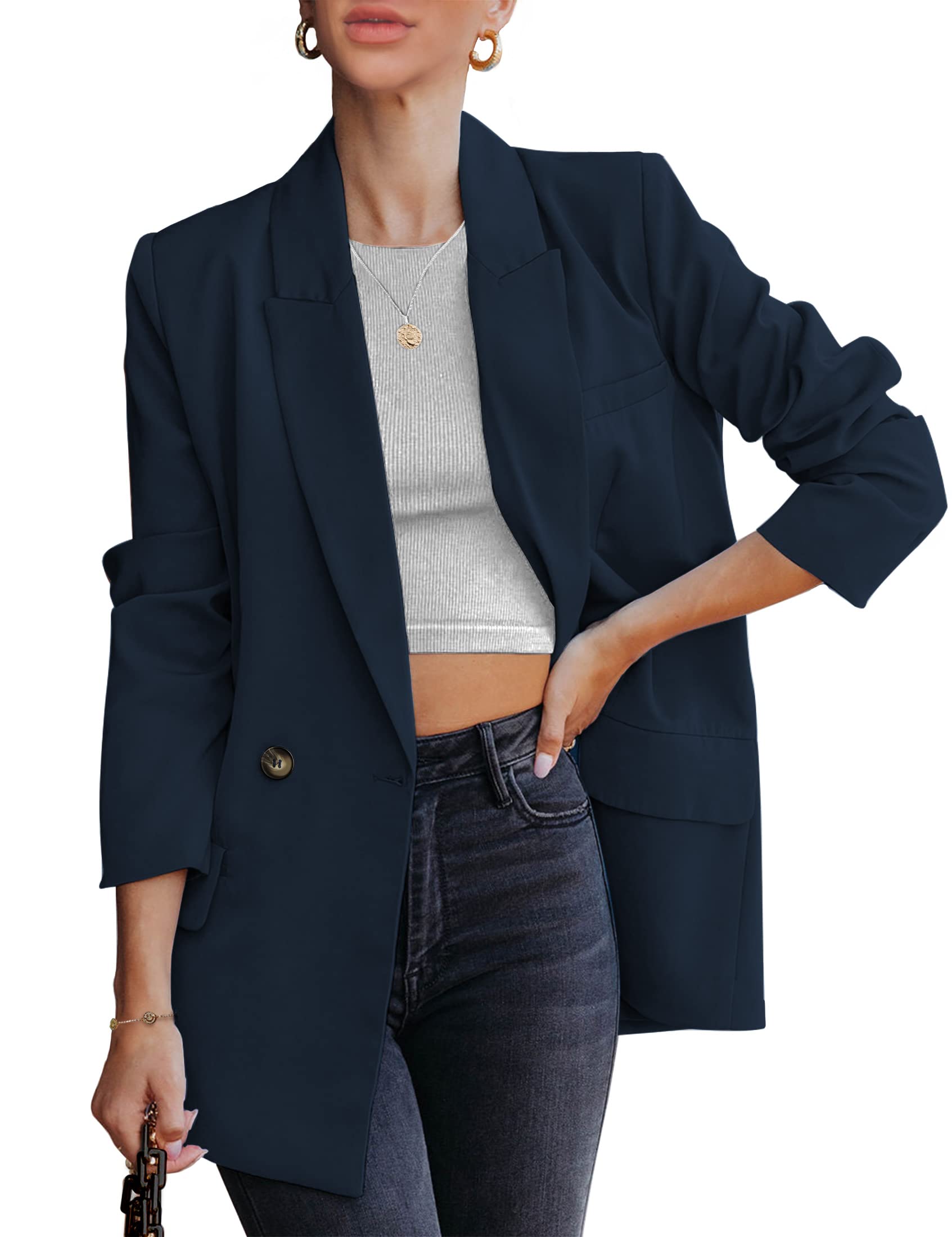 Blazer Jackets for Women Work Casual Office Long Sleeve Fashion Dressy Business Outfits, Navy Blue, Small-image-34