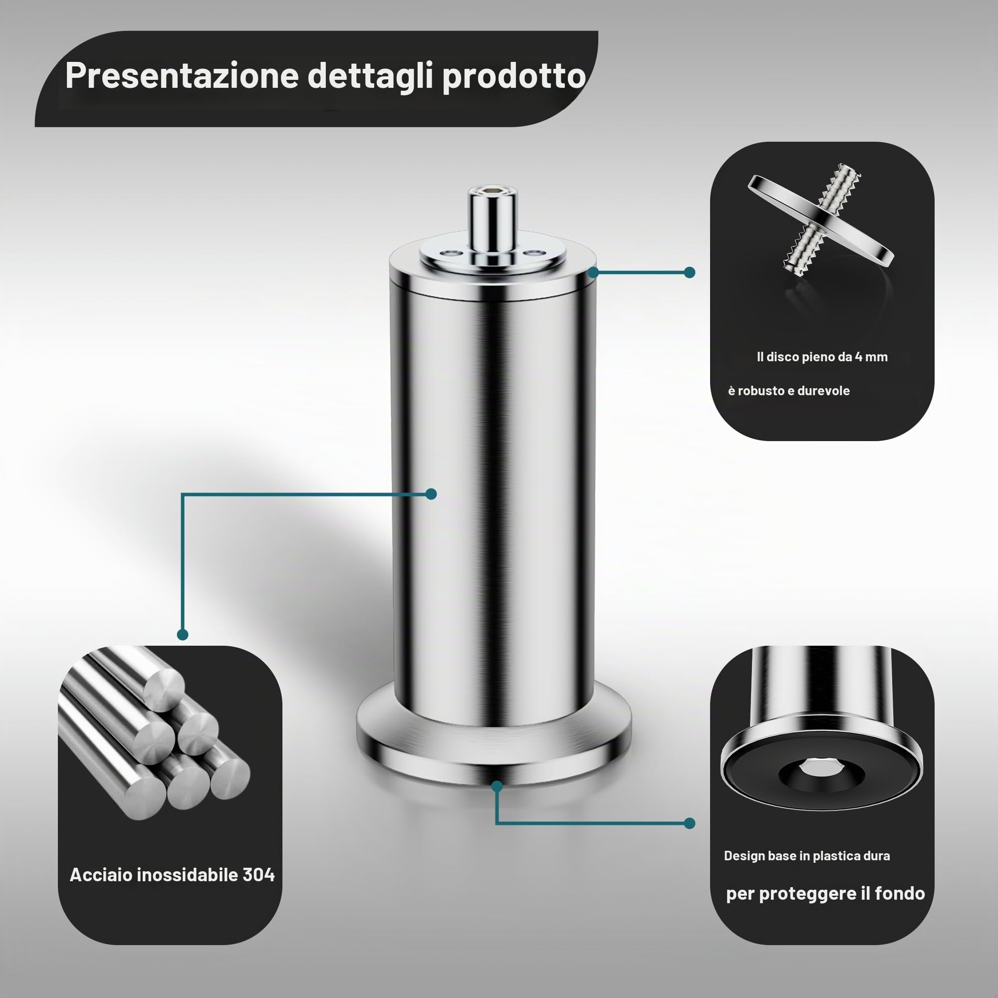 Set di 4 gambe per mobili M10, in acciaio inox, per armadio, letto, divano, tavolo, altezza regolabile, viti M10, supporto superiore a 600 kg (12,5 cm)