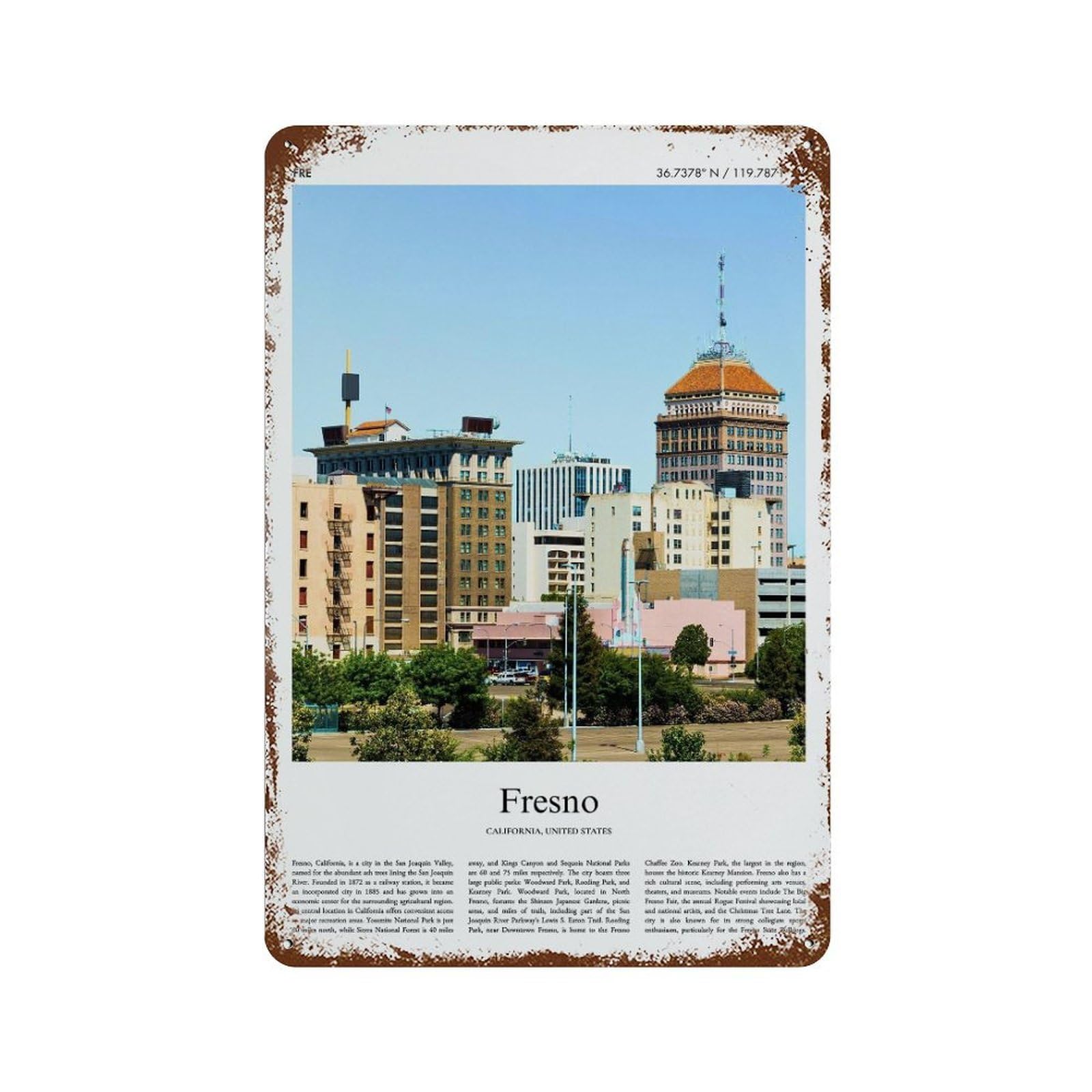 xiaoxiaoshen Fresno California, United States, USA City Scenery Wall Decor Art Metal Tin Poster Modern Home Decor Art Home Bar Shop Decorations Vintage Sign 30x20cm