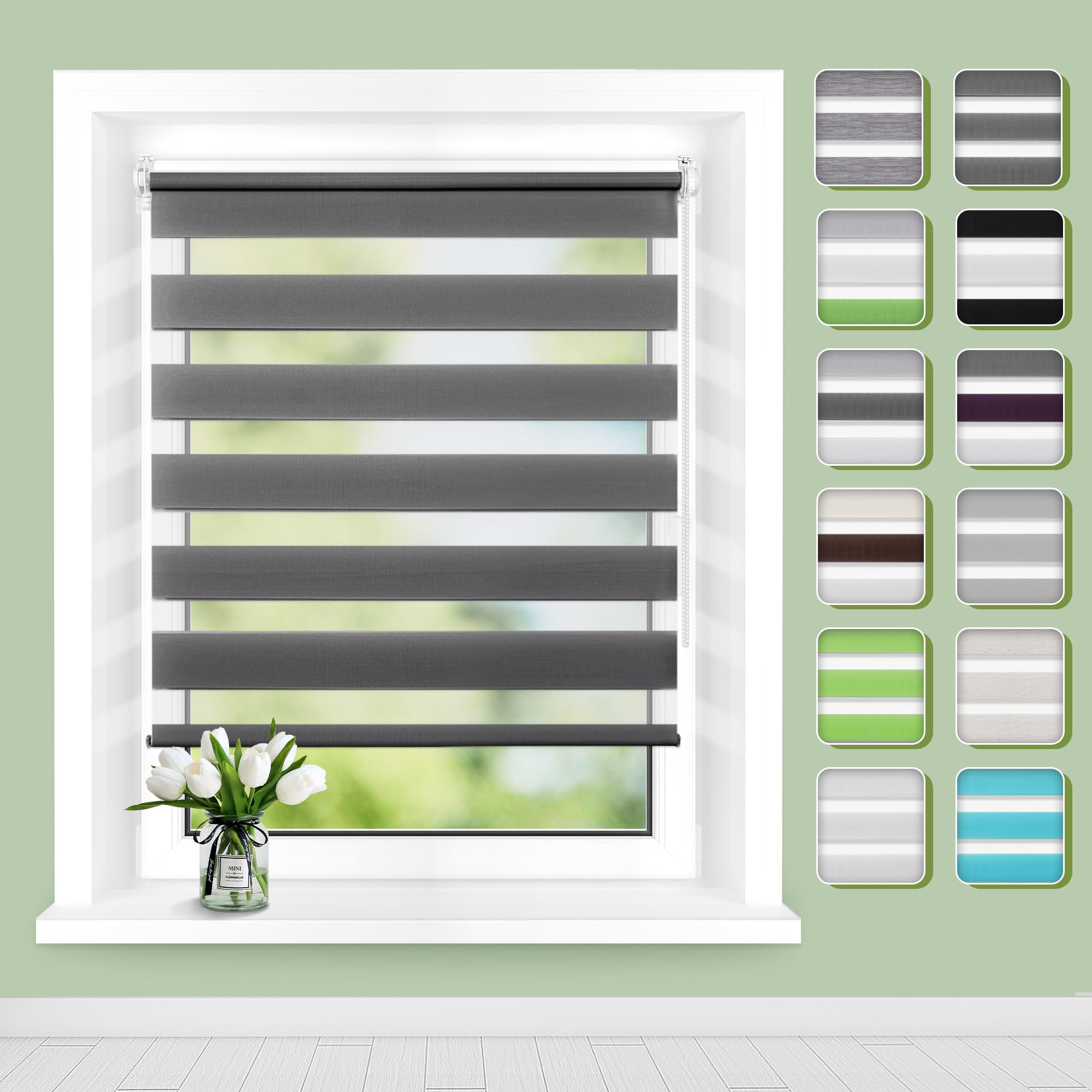 Doppelrollo Klemmfix ohne Bohren B60 x H230cm(Stoffbreite 56cm) Anthrazit, Rollos für Fenster ohne Bohren, Klemmrollos mit Lichtdurchlässig & Verdunkelnd, Seitenzugrollo Sonnenschutz Rollo