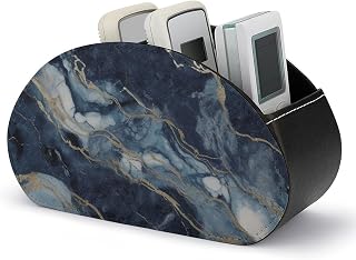 FodPand Marble Navy Blue Mixed TV Remote Control Holder 5 Compartments PU Leather Remoter Caddy Storage Tray & Desktop Organizer for Media Player Cosmetics Office Supplies