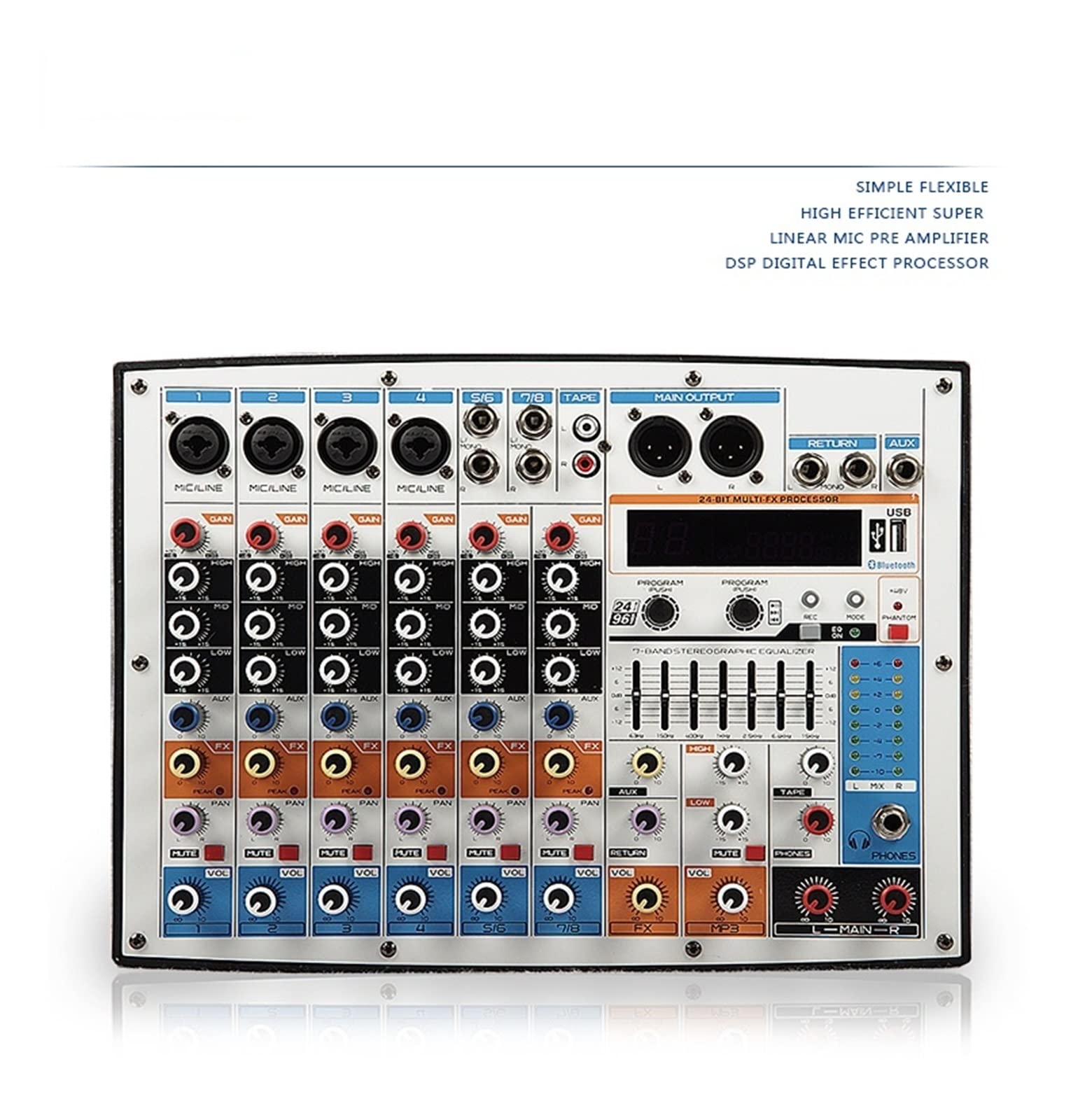 Table de mixage audio, Console de mixage à alimentation fantôme 8 canaux 48 V avec USB for enregistrer des performances en streaming en direct
