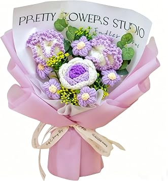 Artificial Crochet Flowers Bouquet,Completed Handmade Knitted Flowers Crocheted Roses Flowers Gift for Valentines Day Mothers Day Birthday Wedding Home Decor1 Big Rose and 2 Big Carnation,Purple