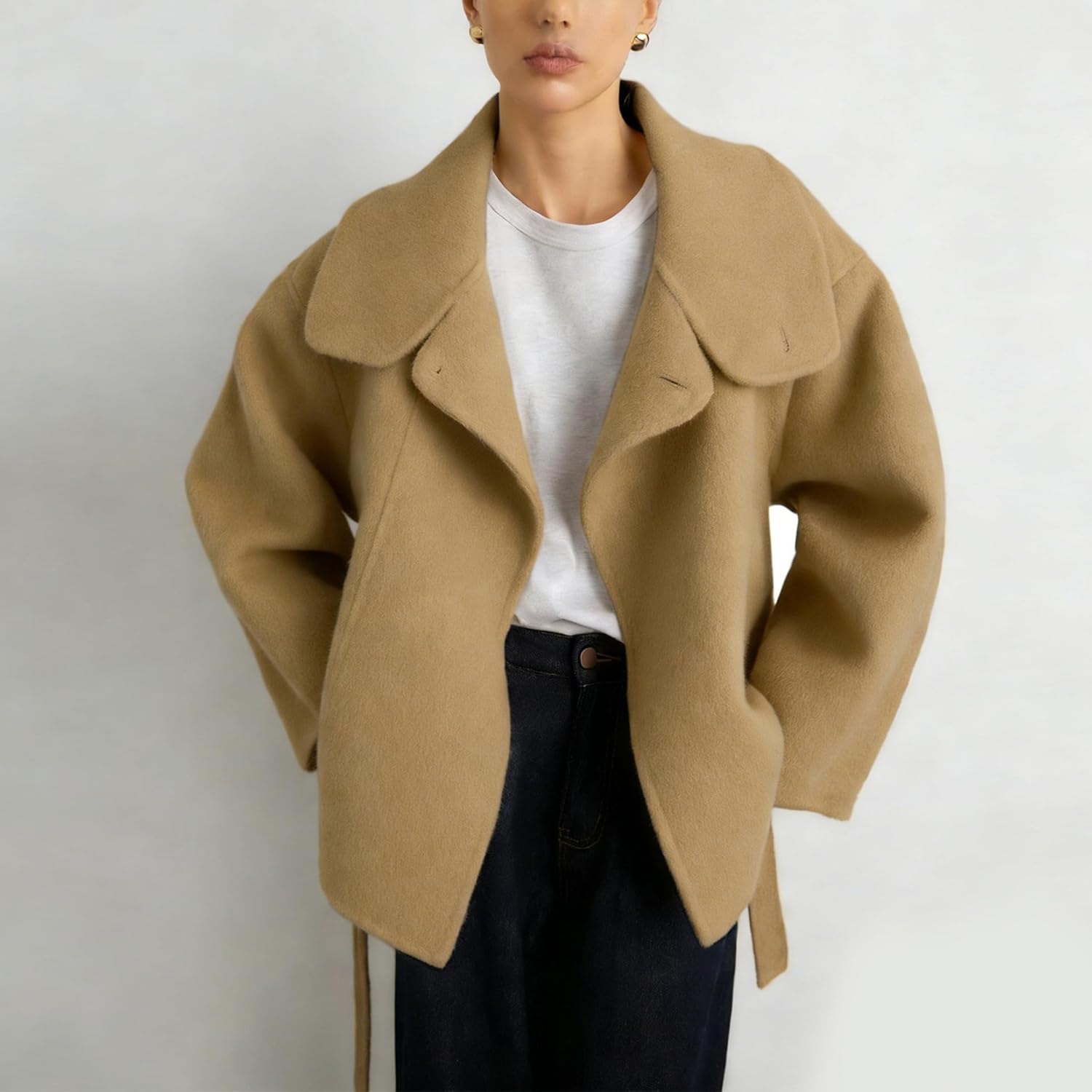 Women Cropped Pea Coat Wool Blend Stand Collar Fall Winter Warm Outfits Casual Elegant Belted Outwear