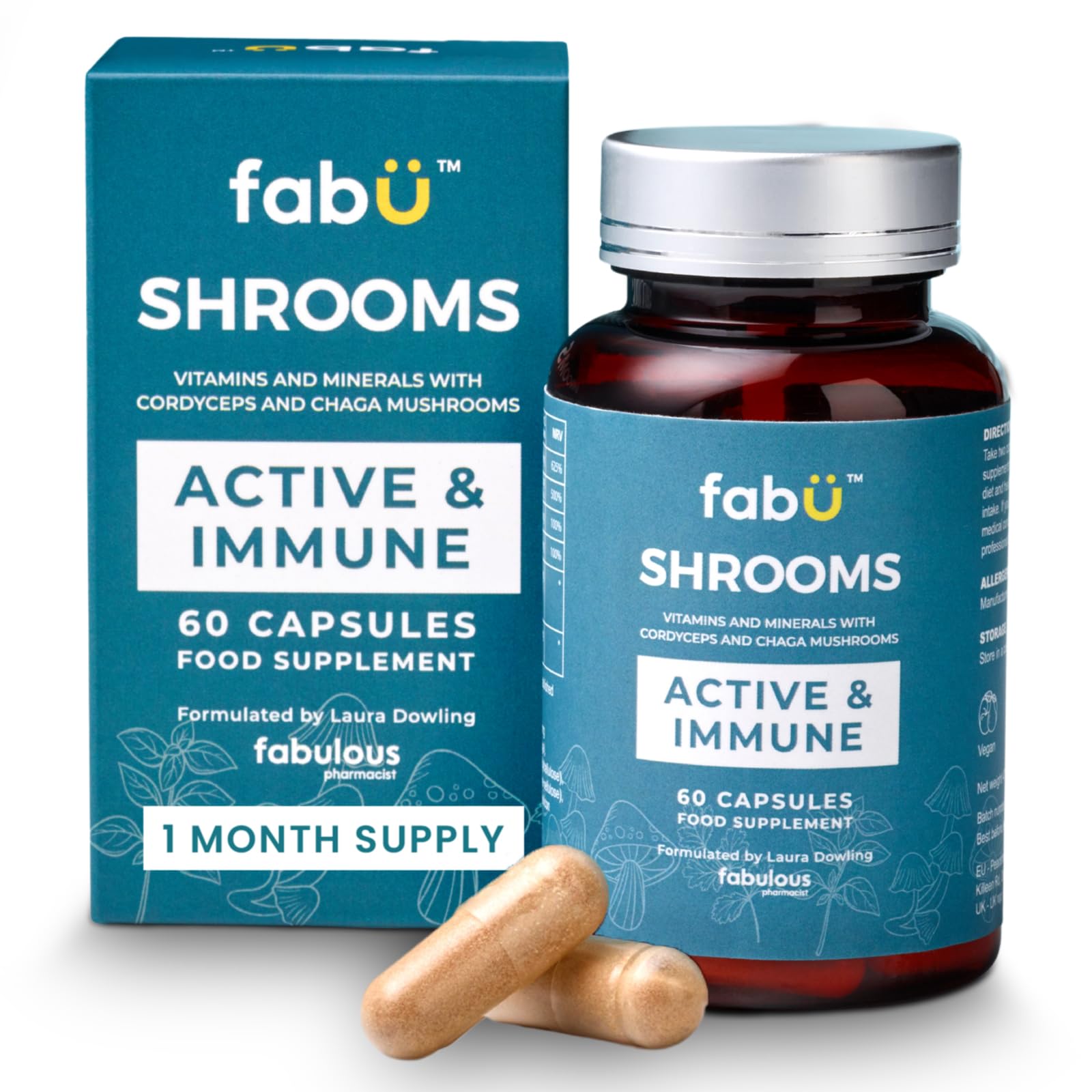 fabÜ Shrooms Immune - Mushroom Immune Support & Energy Booster with Chaga & Cordyceps Plus Vitamin D - Natural Defence Support Supplement - Vegan Friendly for Daily Wellness (60 Capsules)