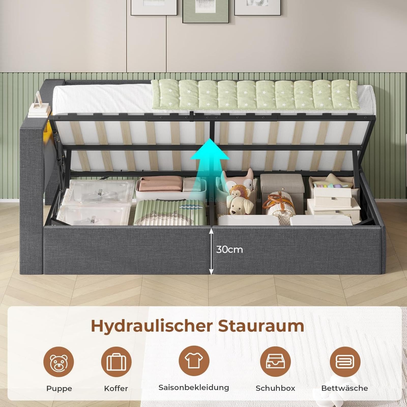 AOGLLATI Letto Singolo con Contenitore Idraulico 90x200, Divano Letto Singolo con Testiera Imbottita y Luce LED Regolabile, Struttura Letto Singolo con Stazione di Rricarica, Salvaspazio, Grigio Scuro