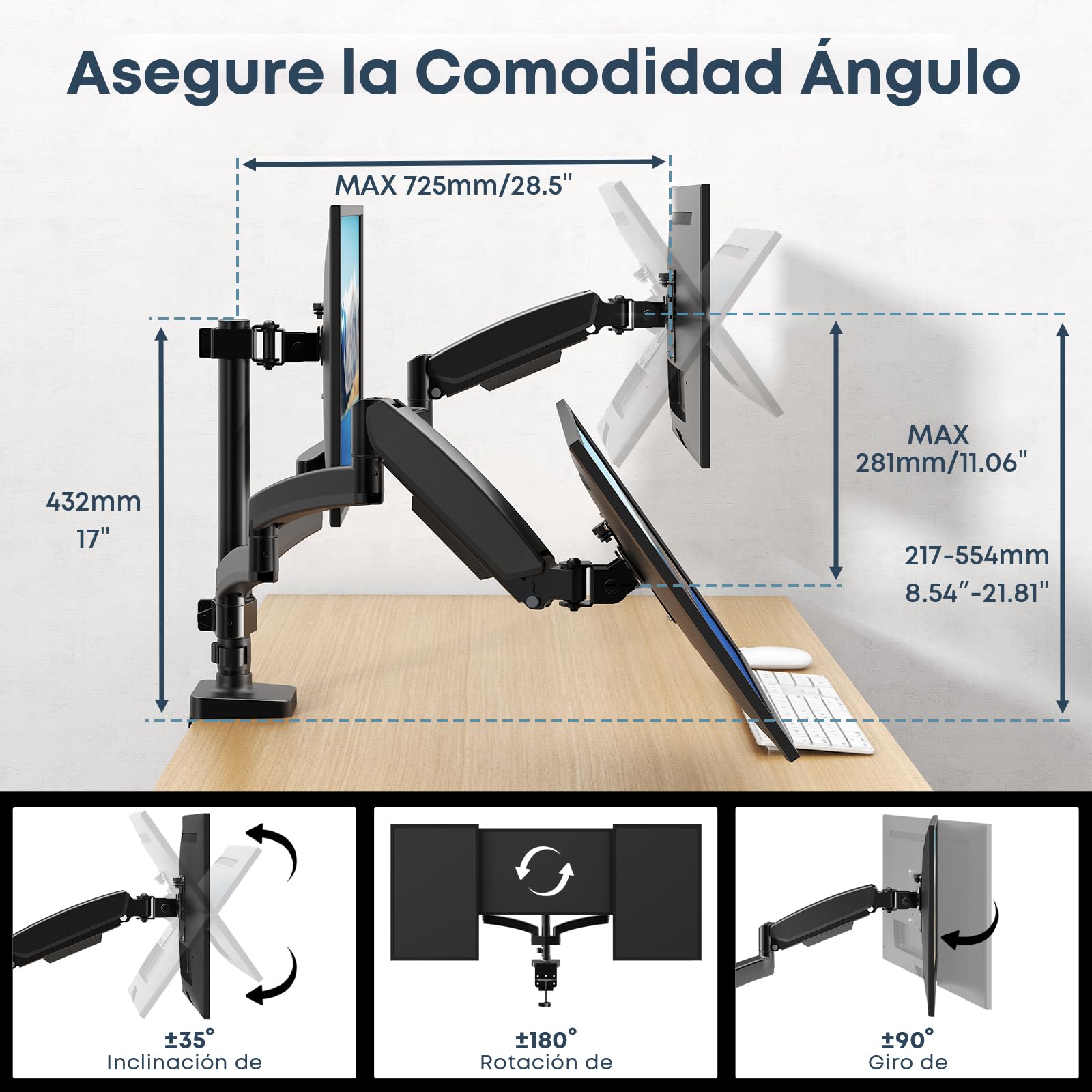 WORLDLIFT Soporte de Escritorio para 3 Monitor de Las Pantallas de TV, LCD y computadora de 17”-27”, Triple Brazo de Monitor Capacidad de Carga es 7 kg