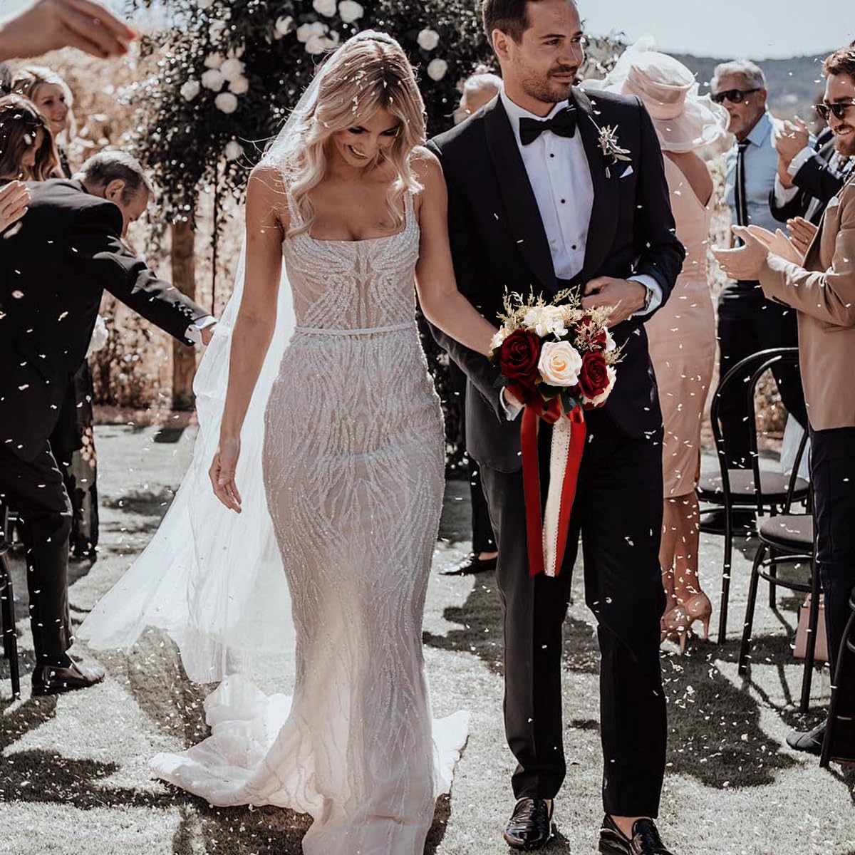Hochzeitssträuße für Braut, Brautjungfer, weiß, champagnerrot, Burgunderrot, künstliche Rose, künstliche Seidenblumen, Brautsträuße für Hochzeit, mit Band, Boho, rustikale Kirchendekoration