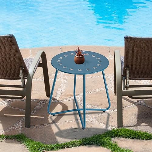 Miniatura 7 de danpinera Mesas auxiliares para exteriores con recortes de flores, mesa auxiliar de acero resistente a la intemperie, mesa auxiliar redonda pequeña