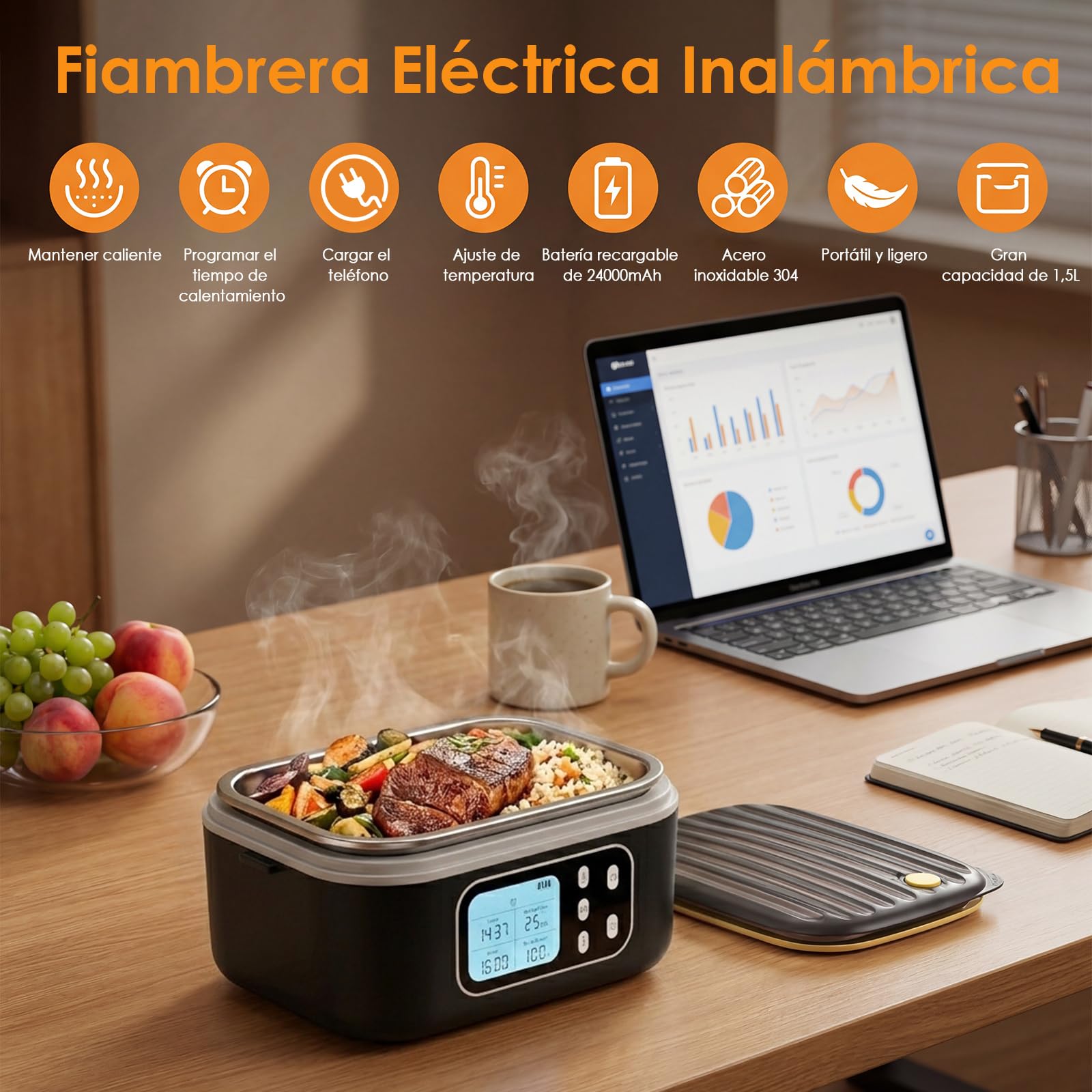Dreamhigh 1,5 L Fiambrera Eléctrica Con Batería, Calentador De Comida Portátil 24000 mAh, Diseño Antifugas y Función de Calentamiento Programable Para Coche y Trabajo (negro)