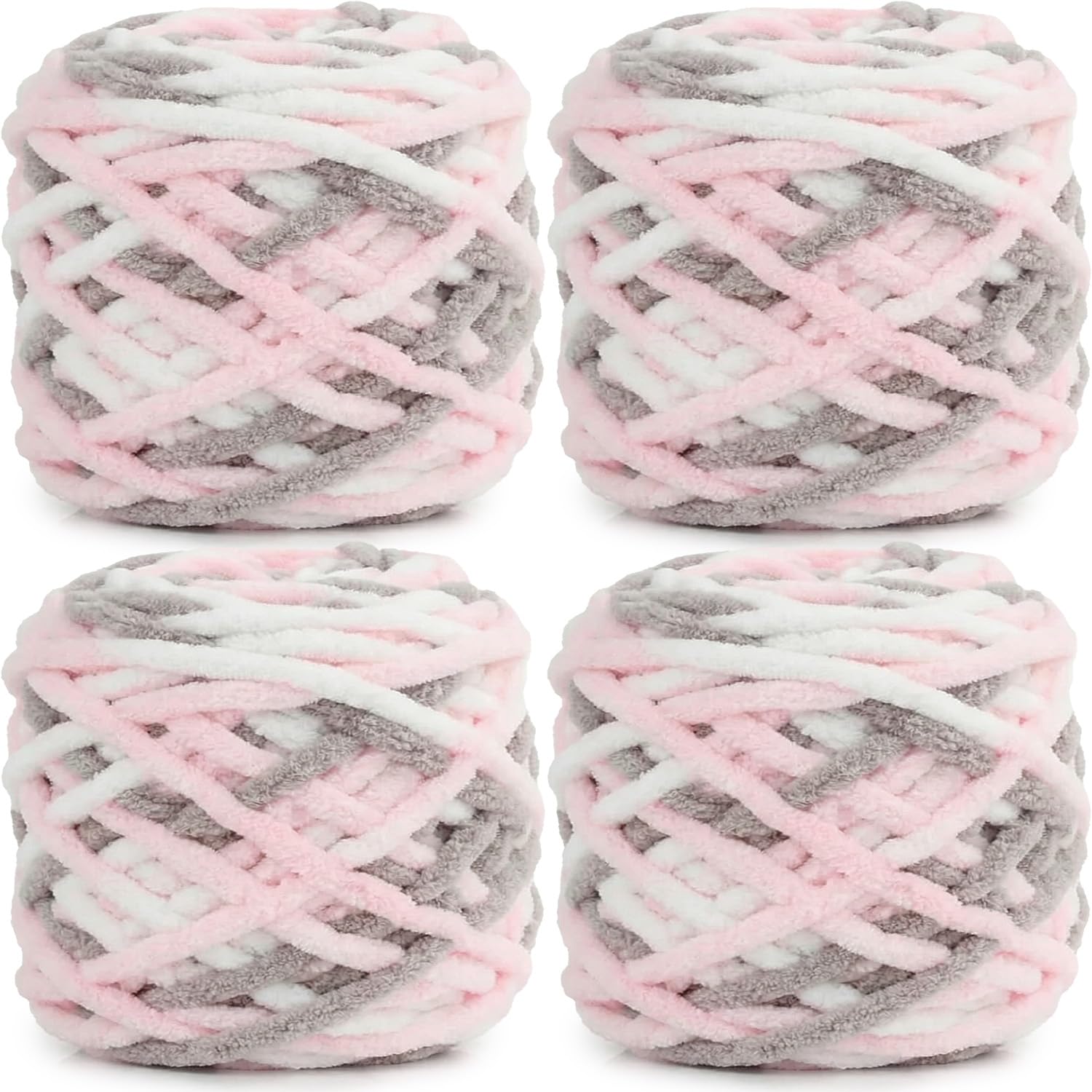 Lighterday Super Chunky Knit Chenille Yarn 4 x 100g Multi-Colored Crochet Wool for Hand Knitting Blankets,Knitting Wool for Big Blankets Sock and Scarves (Light Pink Coffee)
