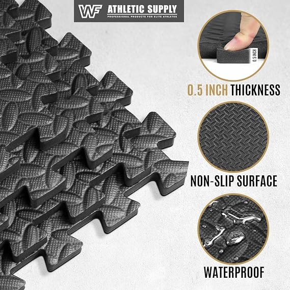 WF Athletic Supply Puzzle Exercise Mat, EVA Foam Interlocking Tiles with Border, 1/2 Thickness Interlocking Soft Foam Puzzle Play Mats for Home Gym, Garage & Kids Playroom