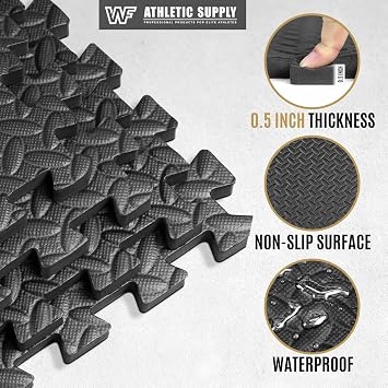 WF Athletic Supply Puzzle Exercise Mat, EVA Foam Interlocking Tiles with Border, 1/2 Thickness Interlocking Soft Foam Puzzle Play Mats for Home Gym, Garage & Kids Playroom